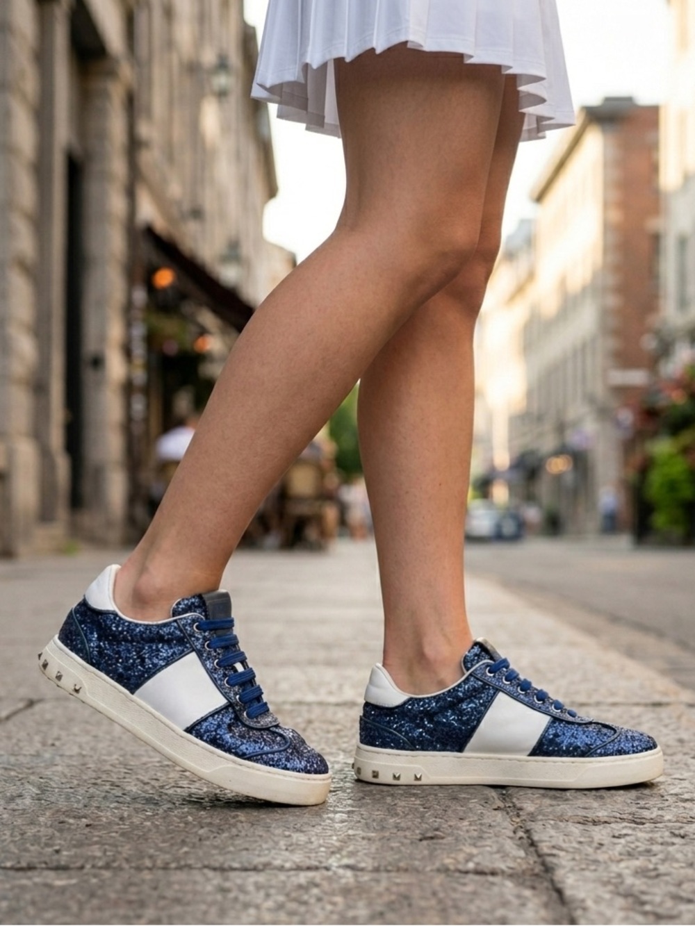 Valentino Garavani Blue and White Glitter Low-Top Sneakers
